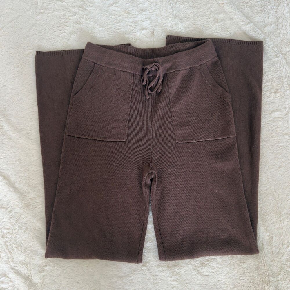 Chocolate brown knit wide leg lounge pants with drawstrings